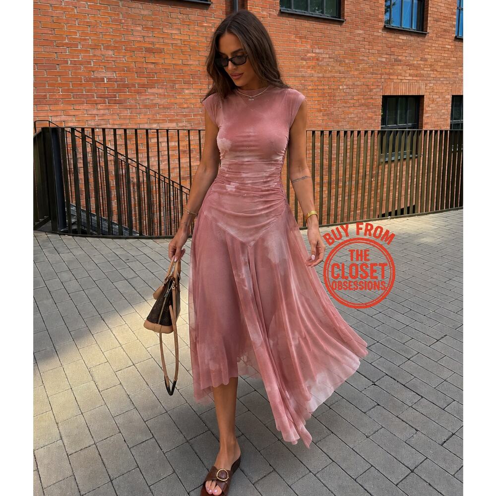 Zara NWT Pink Ruched Tulle Asymmetrical Midi Dress M - Picture 9 of 16